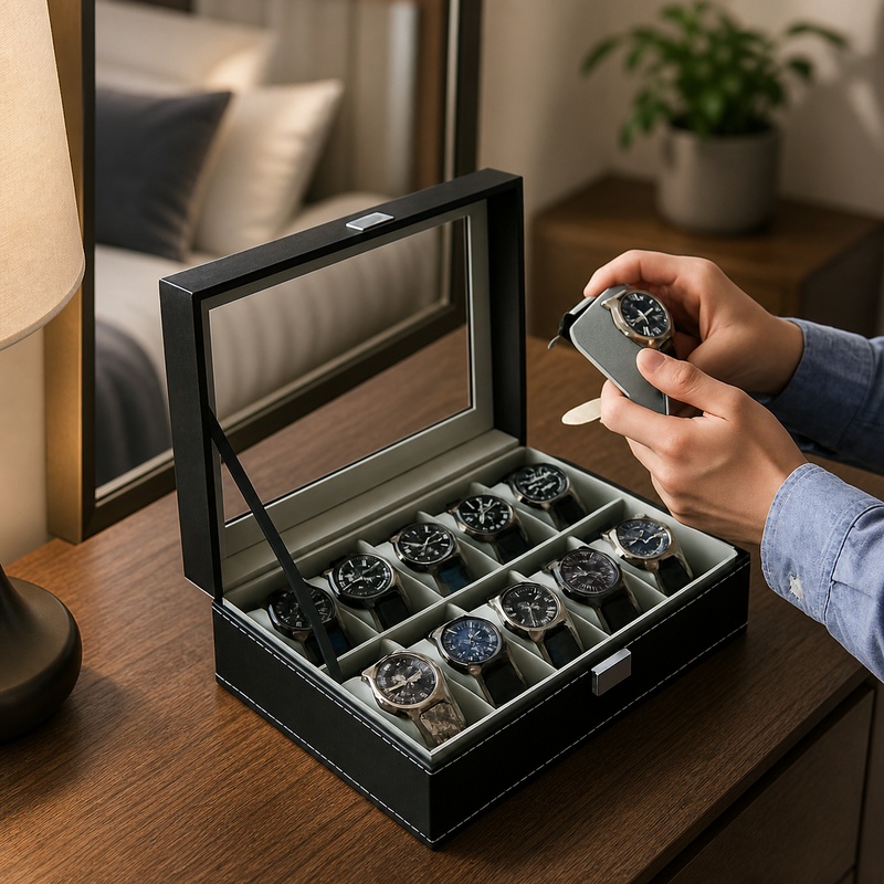유리 뚜껑이 있는 PU 가죽 디스플레이 박스, 남성용  - Men Accessories Organiser 리뷰 및 가격